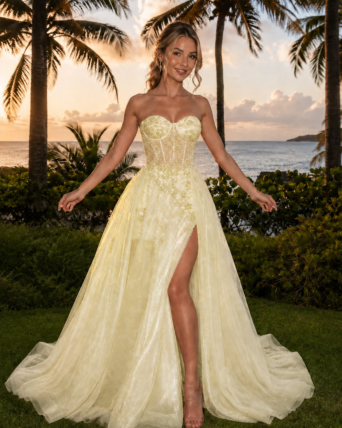 Strapless Floral Applique Tulle A-Line Prom Dress with Corset Bodice and Slit