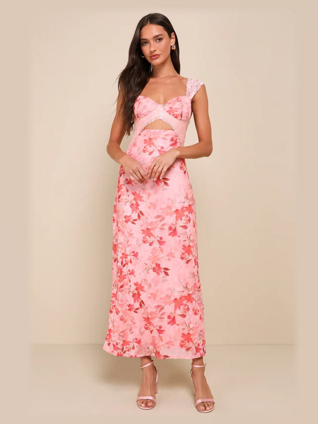 Pink Floral Cut-Out Floral Sweetheart A-Line Maxi Mesh Formal Dress for Black Tie Wedding