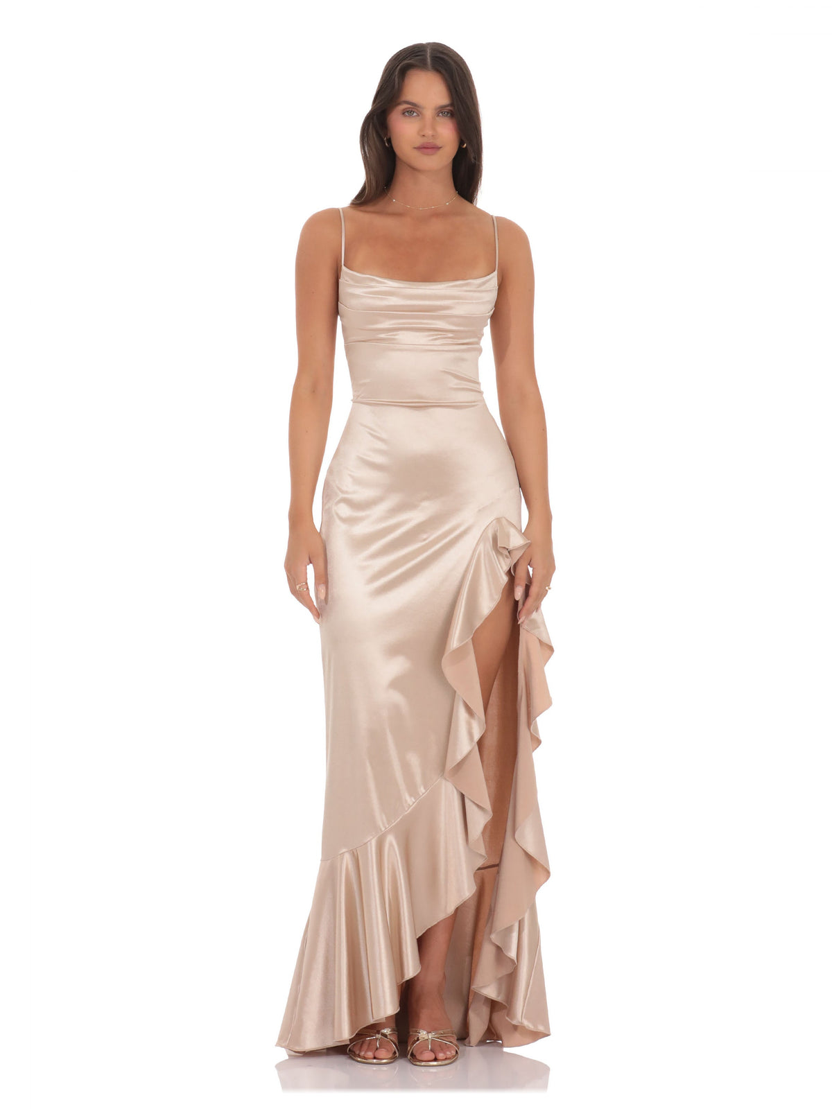 Ruffled Sequin A-Line Maxi Mesh Bridesmaid Dress for Formal Wedding