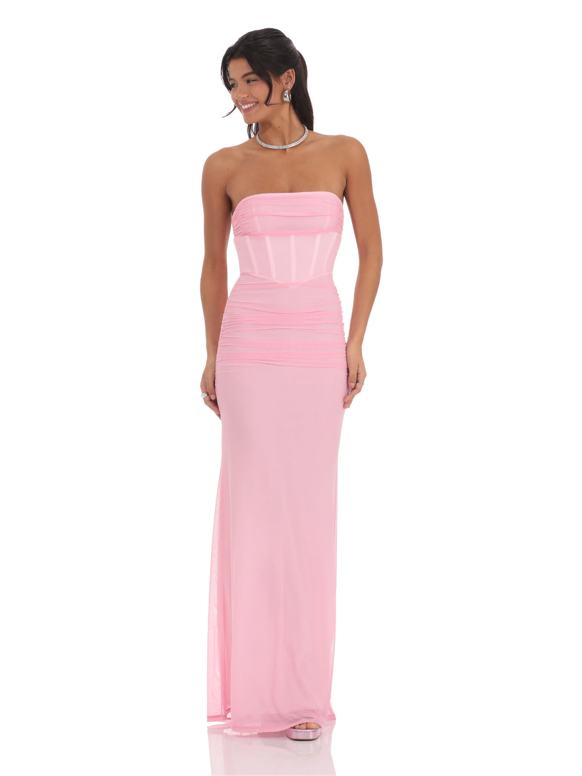 Corset Strapless A-Line Maxi Mesh Bridesmaid Dress for Estate Wedding