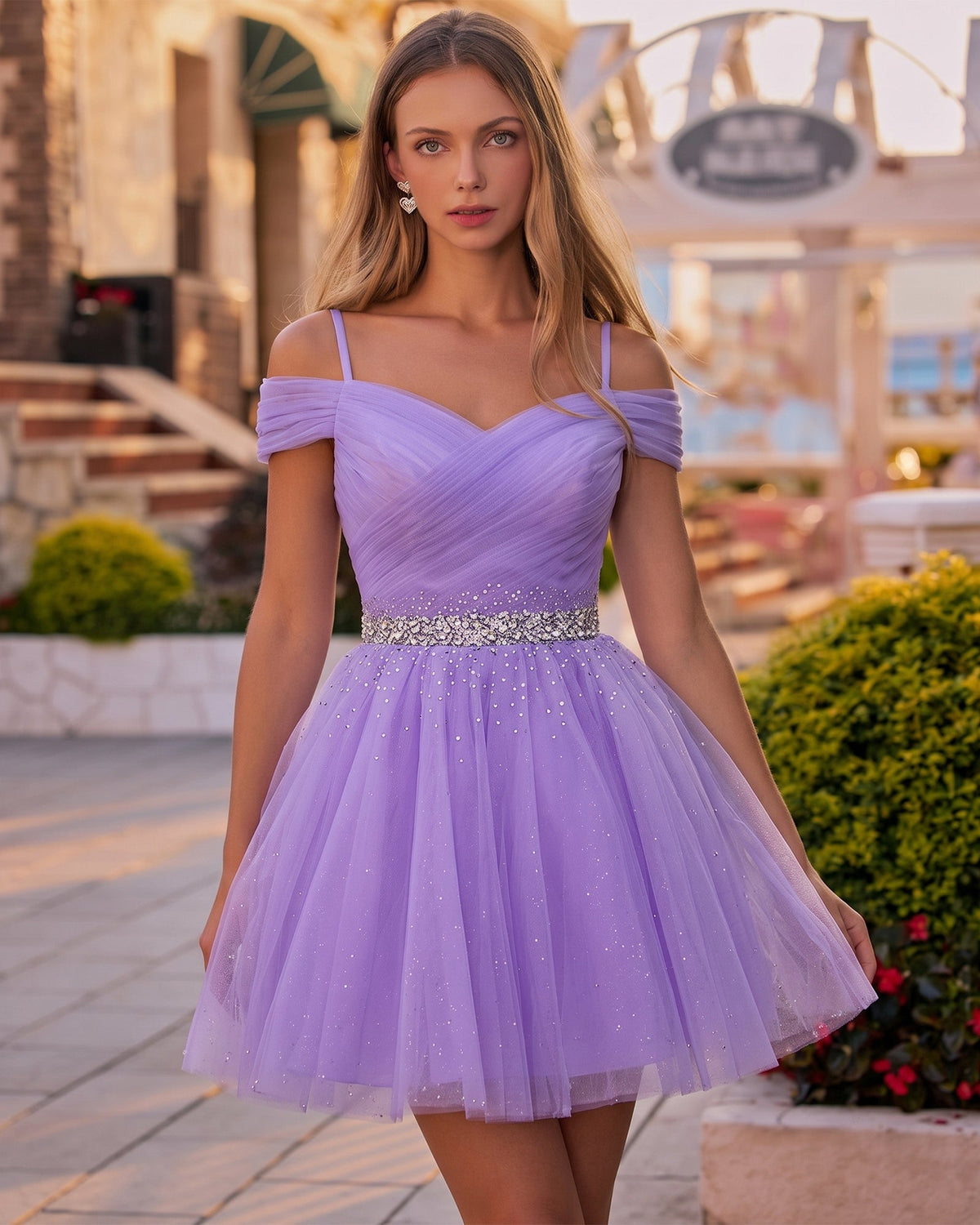 Off-Shoulder V-Neck Tulle Short Homecoming Dress with Beaded Waist