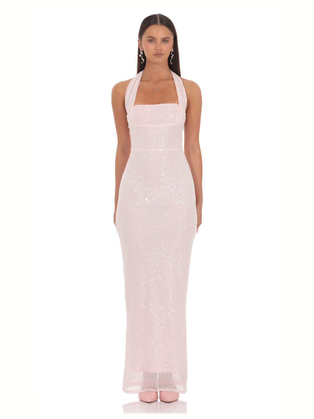 Blush Pink Sequin A-Line Maxi Mesh Bridesmaid Dress for Bridal Party