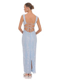 Light Blue Corset A-Line Maxi Mesh Bridesmaid Dress for Formal Wedding