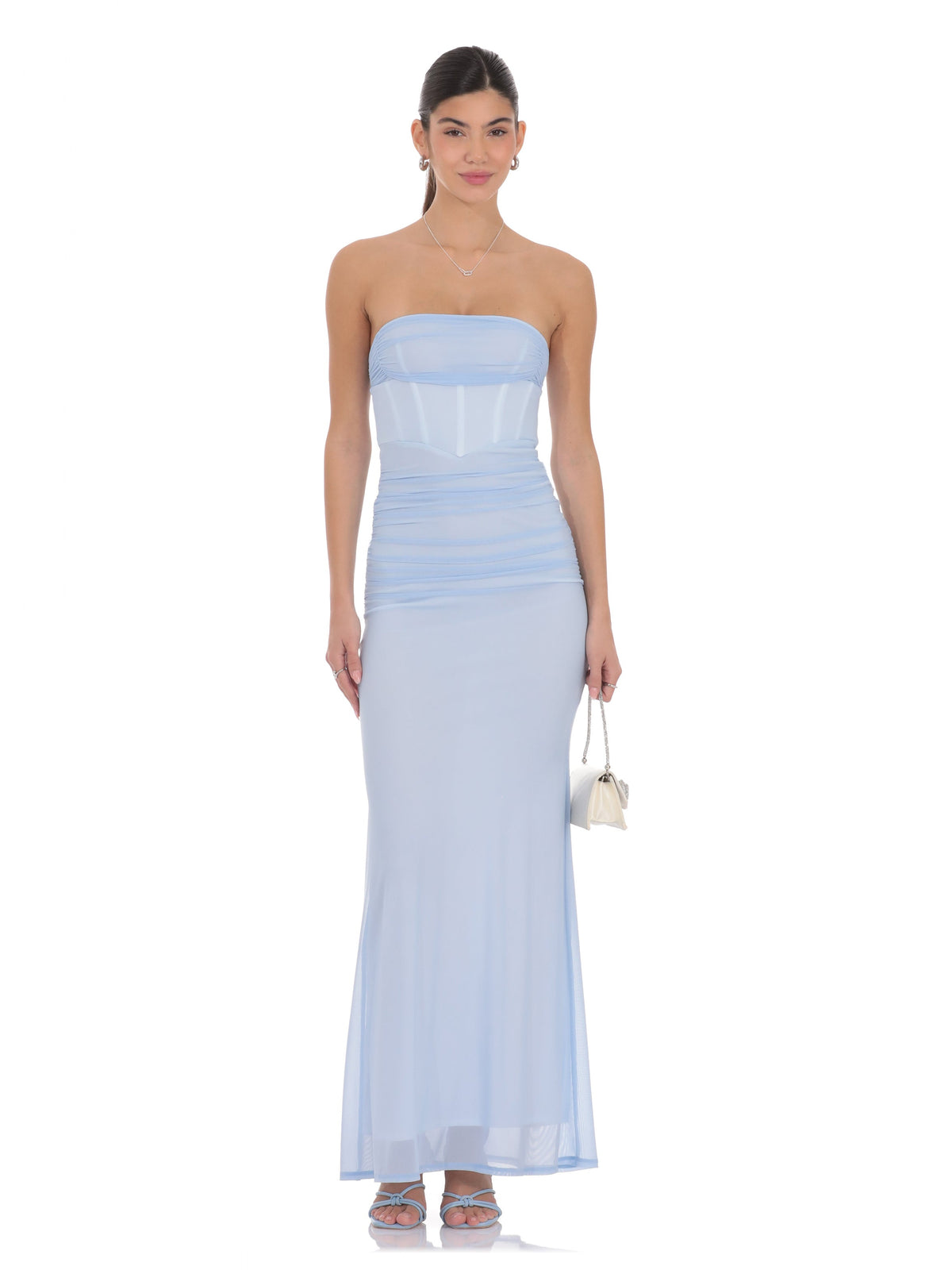 Corset Strapless A-Line Maxi Mesh Bridesmaid Dress for Estate Wedding