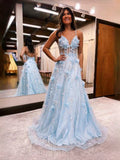 Light Blue Corset Layered Floral V Neck A-Line Floor-Length Tulle Prom Dress for Black Tie Event