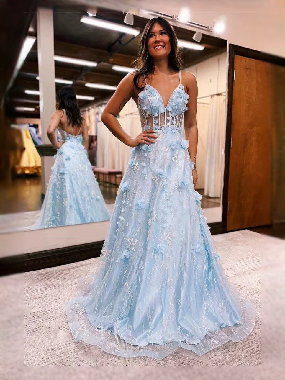 Light Blue Corset Layered Floral V Neck A-Line Floor-Length Tulle Prom Dress for Black Tie Event