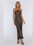 Brown A-Line Maxi Mesh Formal Dress for Seaside Reception