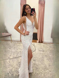 White Draped Cut-Out Slit Backless V Neck Mermaid Maxi Prom Dress for Awards Dinner