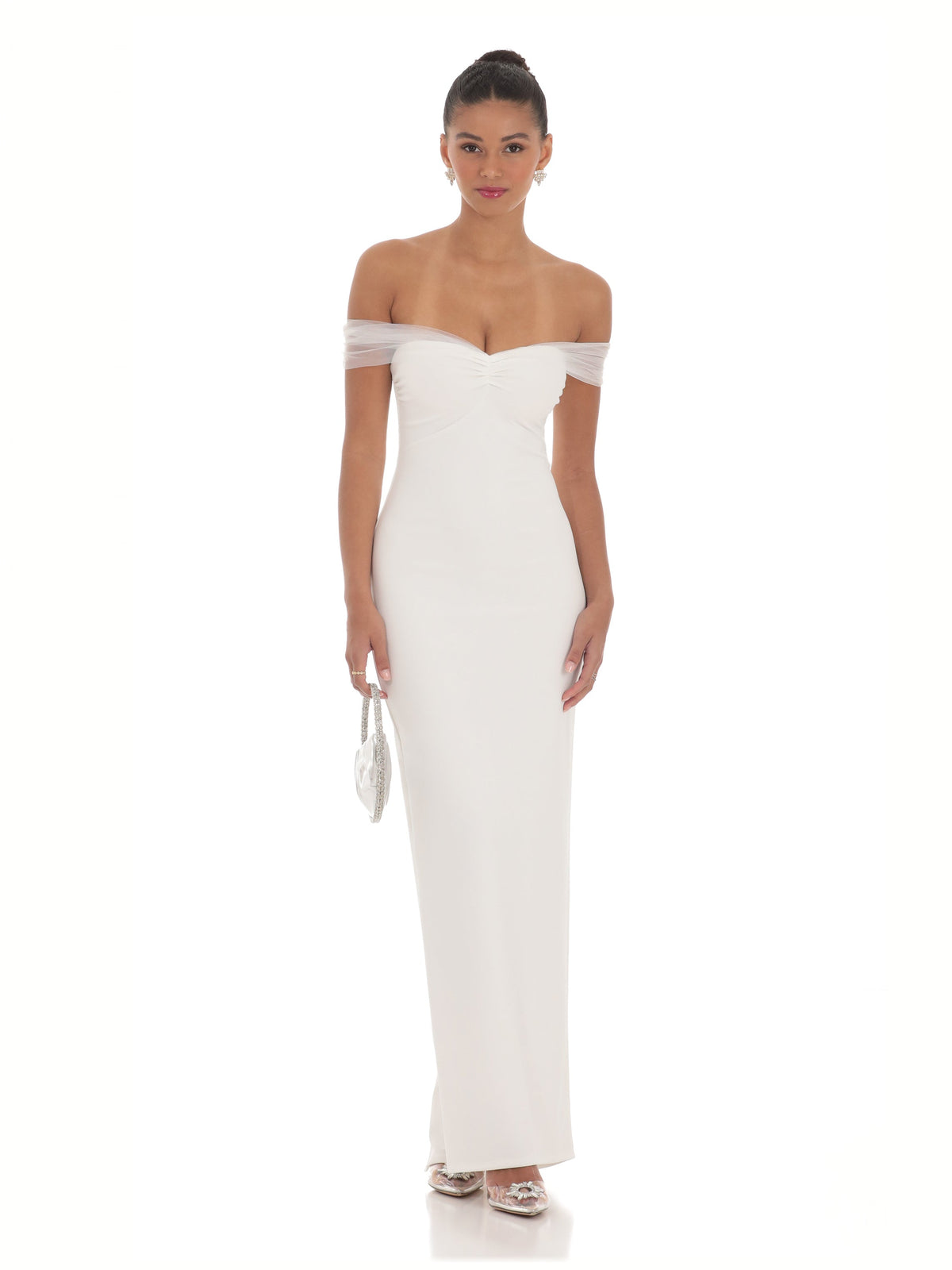 Off Shoulder A-Line Maxi Mesh Bridesmaid Dress for Formal Wedding