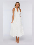 White Embroidered Halter Neck A-Line Maxi Mesh Formal Dress for Senior Celebration