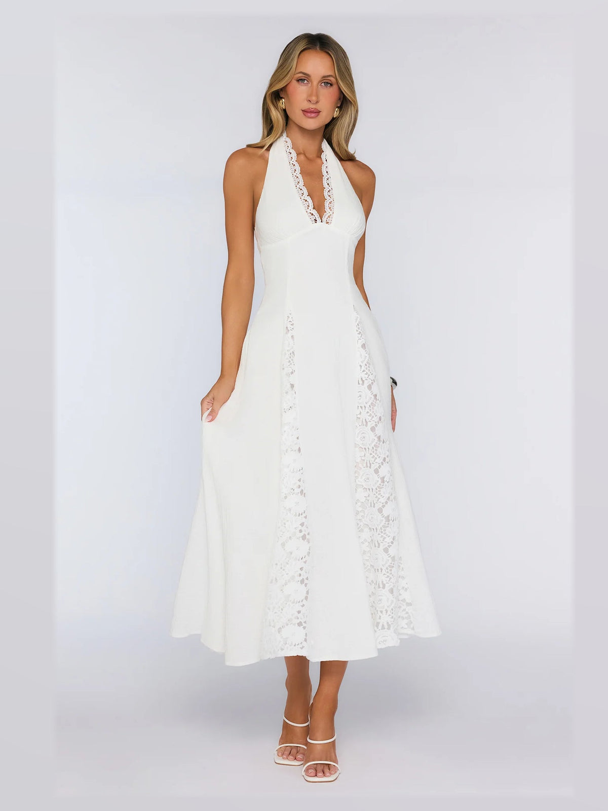 White Embroidered Halter Neck A-Line Maxi Mesh Formal Dress for Senior Celebration