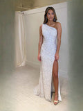 White Draped Sequin Slit Asymmetrical Neck Mermaid Maxi Prom Dress for Pageant