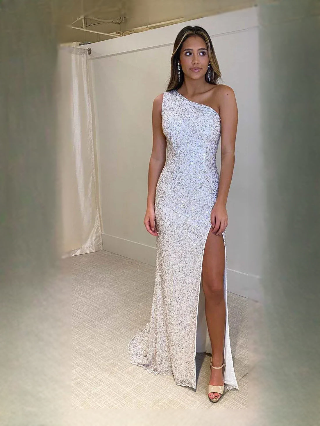 White Draped Sequin Slit Asymmetrical Neck Mermaid Maxi Prom Dress for Pageant