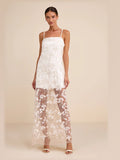 White Embroidered Sequin A-Line Maxi Mesh Formal Dress for Awards Ceremony