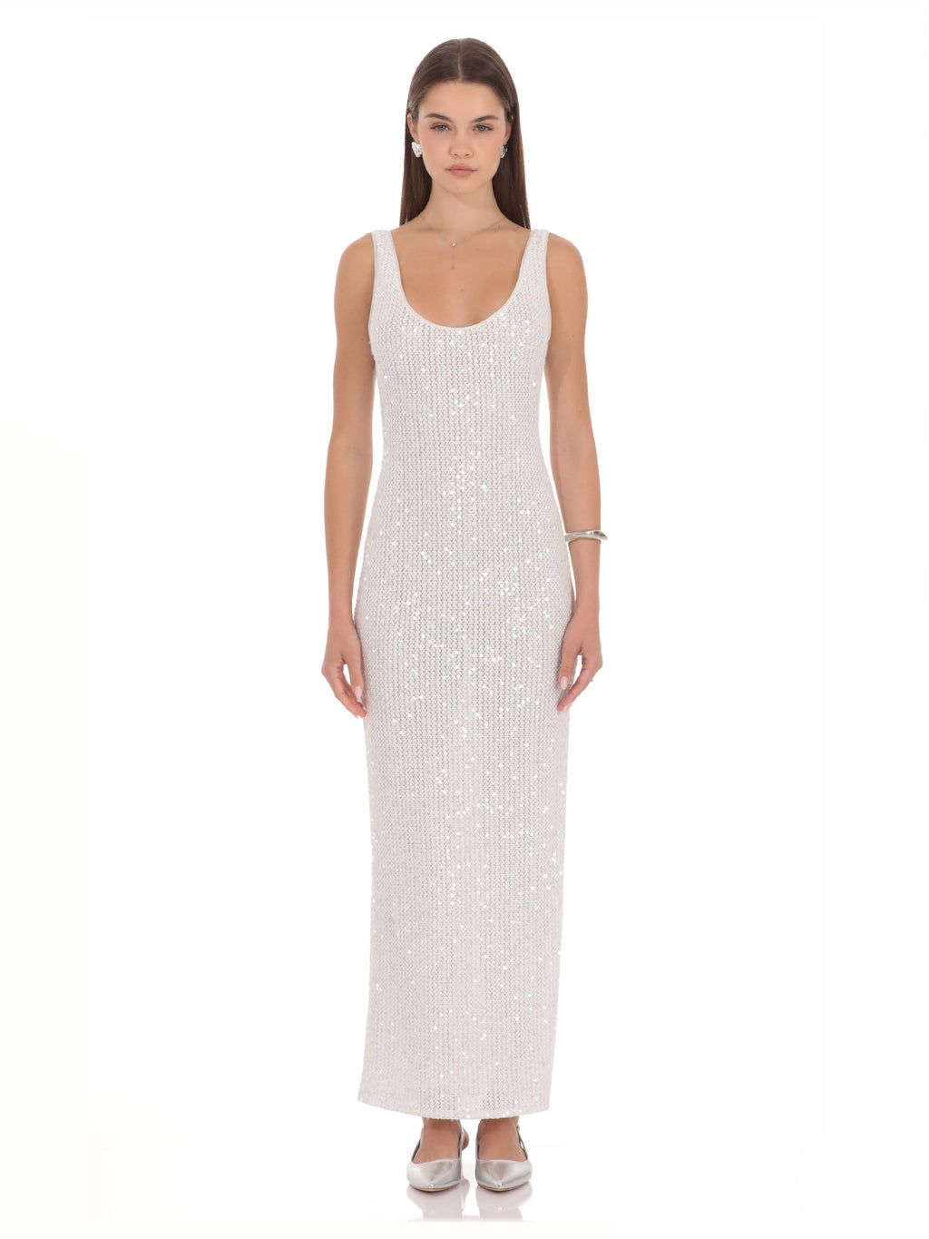 White Sequin A-Line Maxi Mesh Bridesmaid Dress for Bridal Party