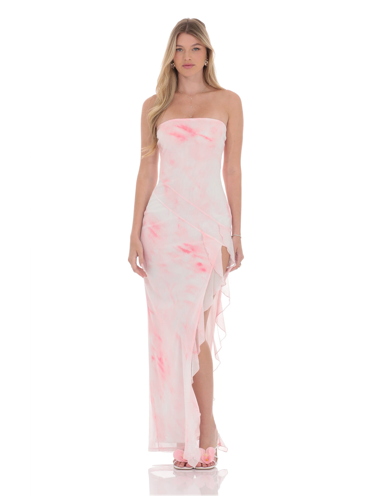 Ruffled Strapless A-Line Maxi Mesh Bridesmaid Dress for Church Wedding
