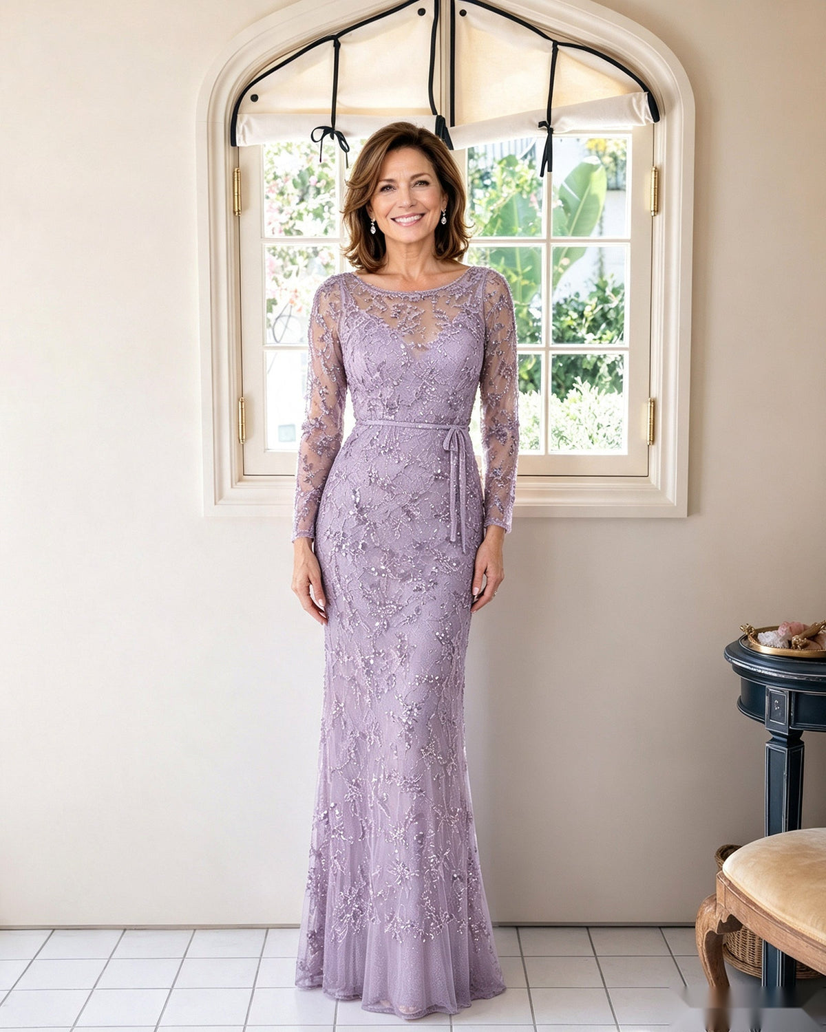 Illusion Lace Long Sleeve Sheath Mother of the Bride Dress