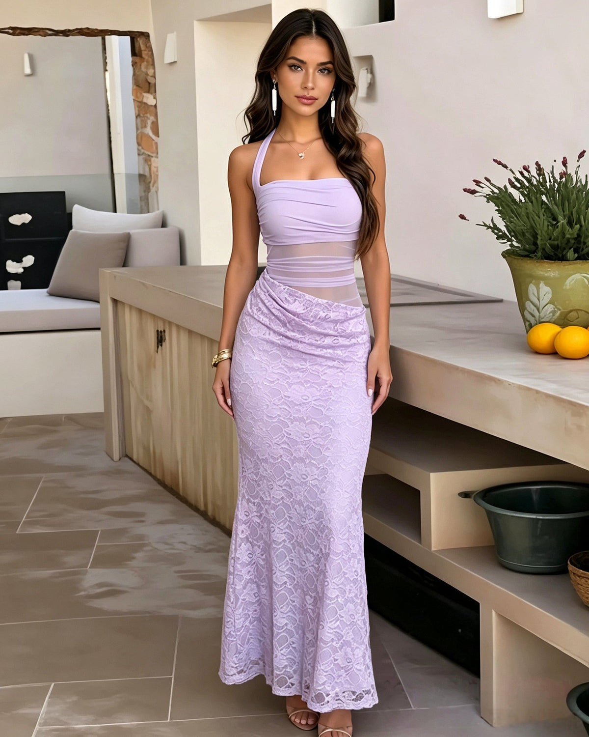 Square Neck Two Piece Lace Mermaid Formal Dress with Tie Straps