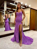 Purple Draped Corset Slit Sweetheart Mermaid Maxi Satin Prom Dress for Evening Ceremony