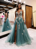 Dusty Sage Side-Slit Sequin Floral Slit V Neck A-Line Floor-Length Tulle Prom Dress for Formal Dance