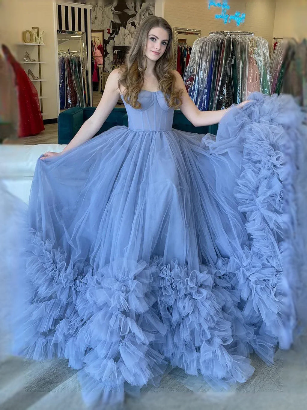 Periwinkle Draped Corset Ruffled Backless Sweetheart A-Line Maxi Tulle Prom Dress for Red Carpet Event