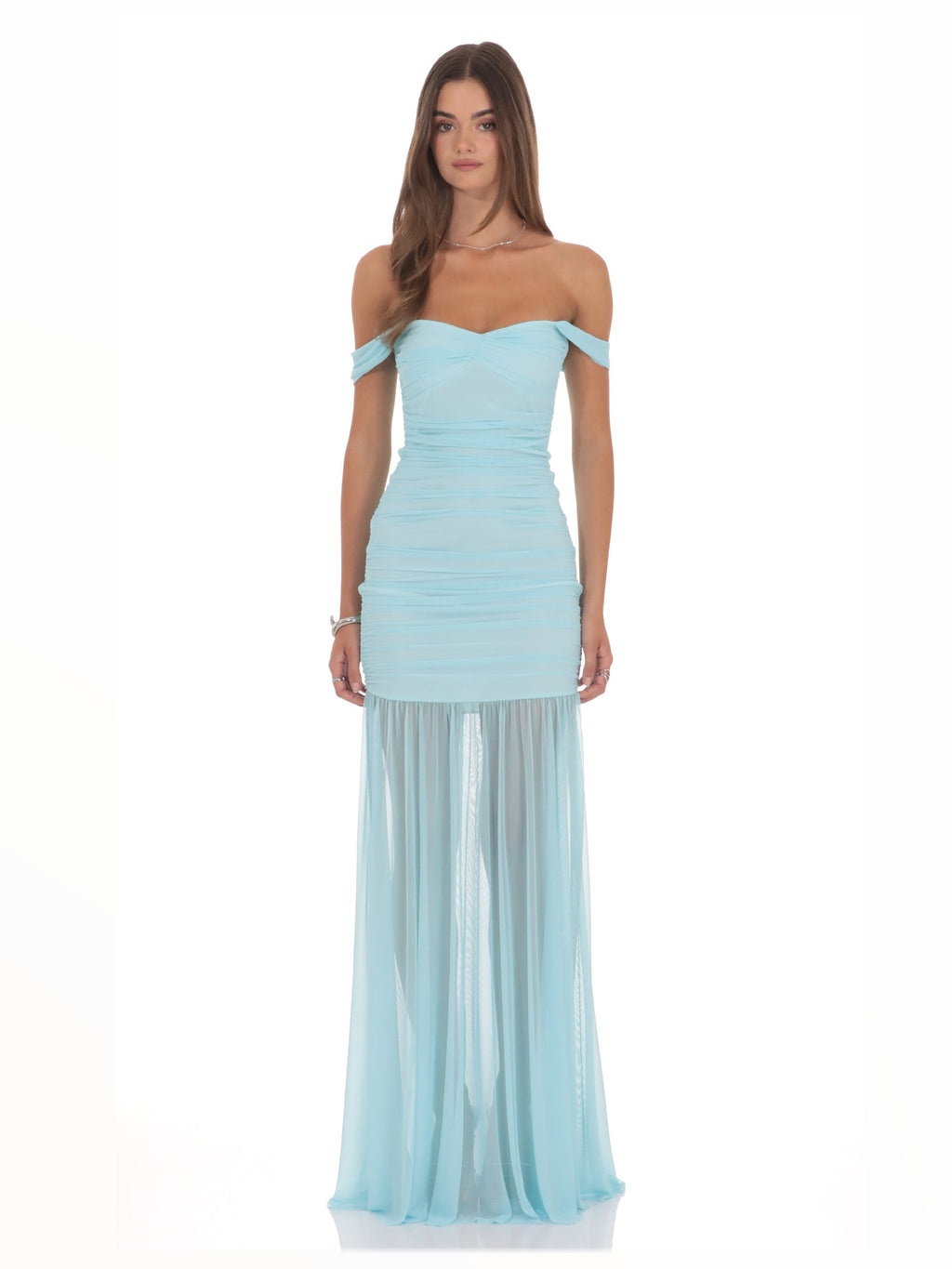 Ruched Off Shoulder A-Line Maxi Mesh Bridesmaid Dress for Bridal Party