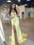 Yellow Ruched Draped Slit Backless Sweetheart Mermaid Maxi Satin Prom Dress for Special Occasion