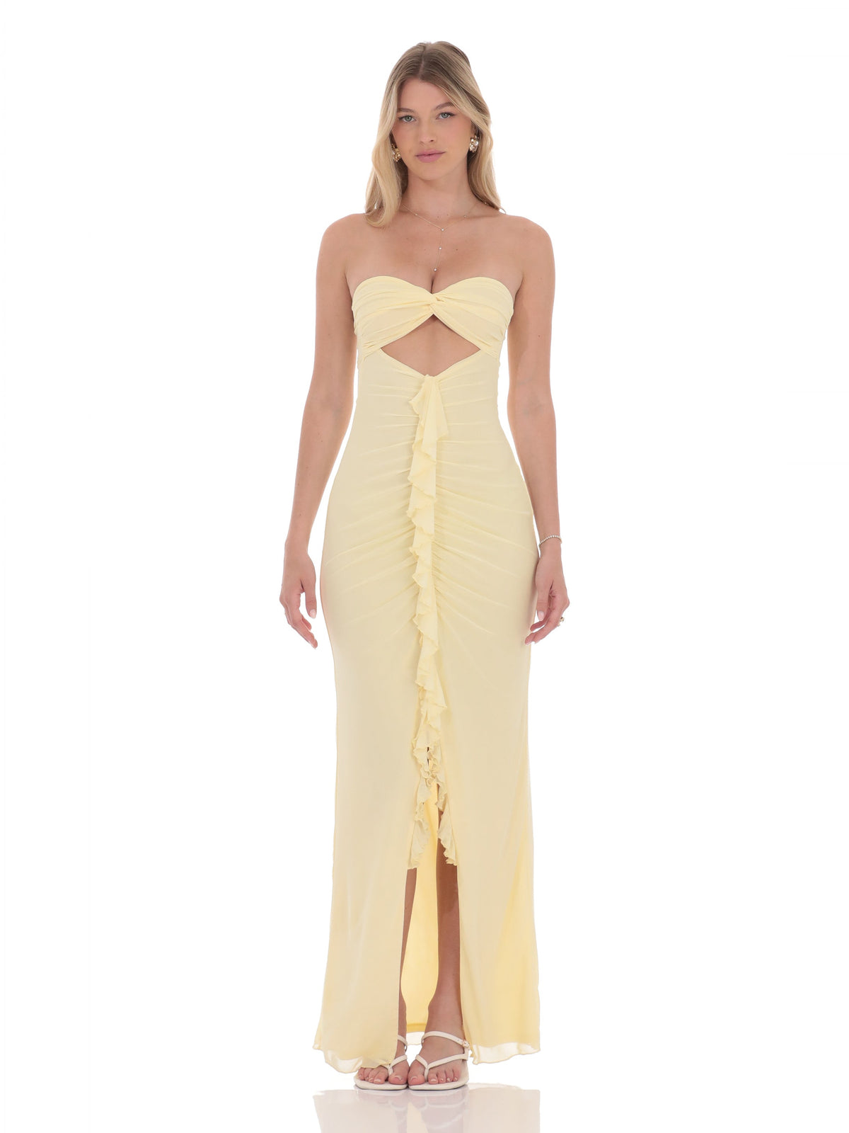 Cut-Out Ruffled A-Line Maxi Mesh Bridesmaid Dress for Wedding Reception