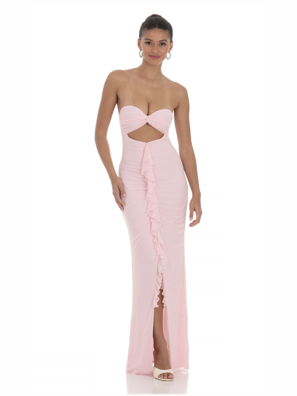 Cut-Out Ruffled A-Line Maxi Mesh Bridesmaid Dress for Wedding Reception