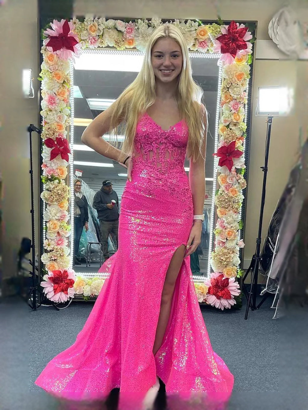 Draped Floral Slit V Neck Mermaid Maxi Prom Dress for Spring Formal