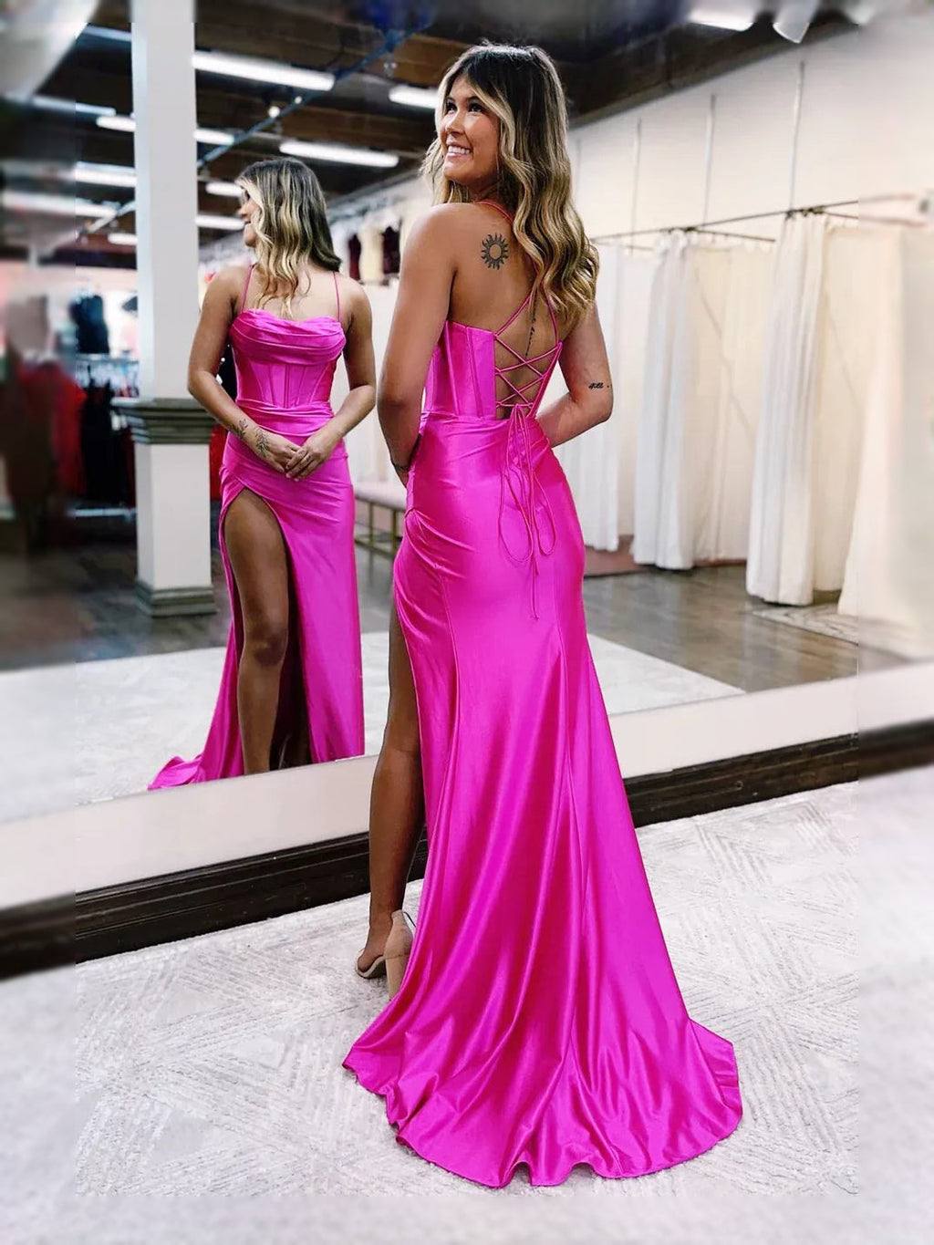 Hot Pink Ruched Corset Slit Scoop Neck Mermaid Floor-Length Satin Prom Dress for Special Occasion