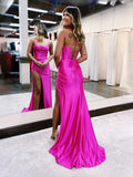 Hot Pink Ruched Corset Slit Scoop Neck Mermaid Floor-Length Satin Prom Dress for Special Occasion