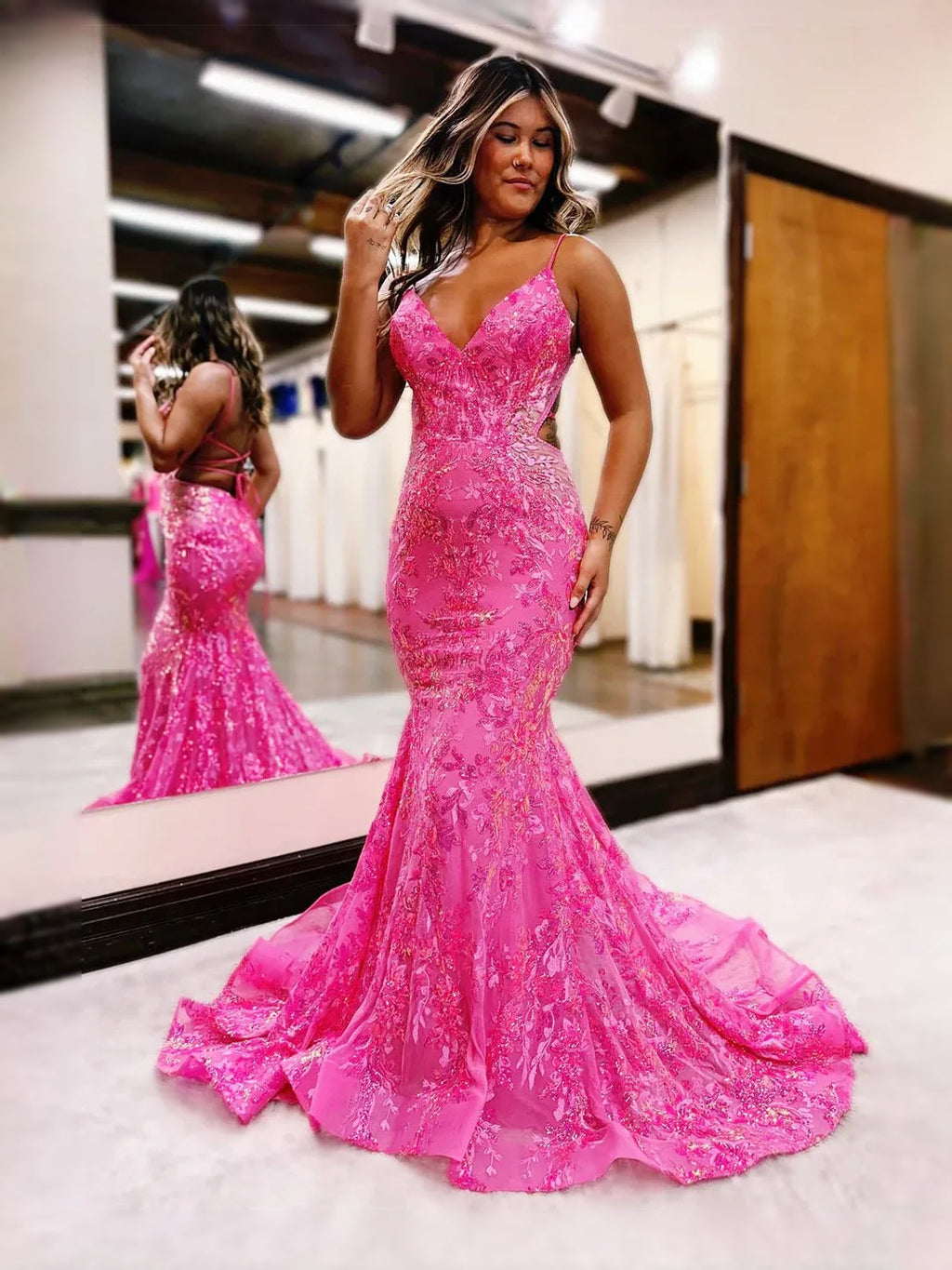 Draped Corset Floral Backless V Neck Mermaid Maxi Tulle Prom Dress for Celebration Dinner