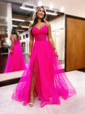 Hot Pink Corset Layered Slit V Neck A-Line Floor-Length Tulle Prom Dress for Awards Dinner