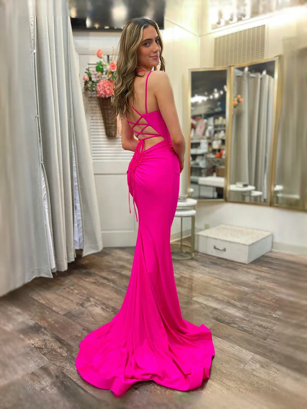 Hot Pink Ruched Draped Slit Cowl Neck Mermaid Floor-Length Jersey Prom Dress for Black Tie Event