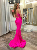 Hot Pink Ruched Draped Slit Cowl Neck Mermaid Floor-Length Jersey Prom Dress for Black Tie Event