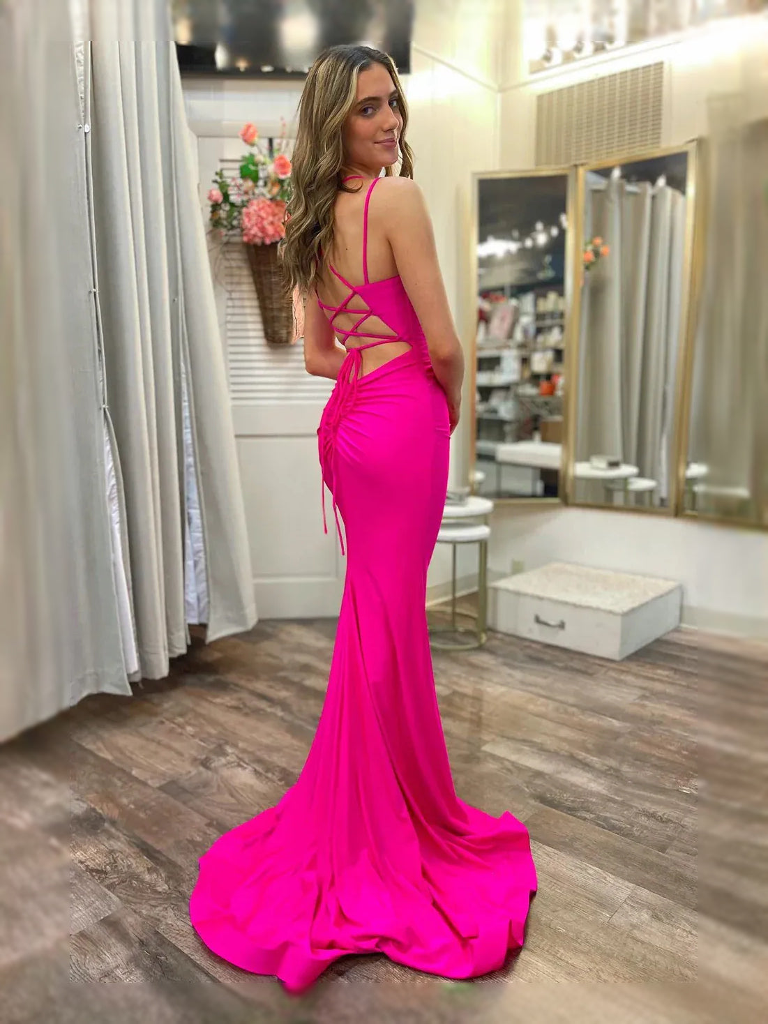 Hot Pink Ruched Draped Slit Cowl Neck Mermaid Floor-Length Jersey Prom Dress for Black Tie Event