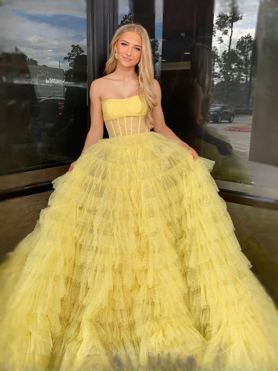 Yellow Corset Tiered Ruffled Strapless A-Line Floor-Length Tulle Prom Dress for Spring Formal
