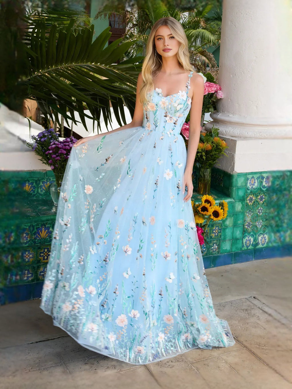 As Picture Flower-Applique Embroidered Floral V Neck A-Line Floor-Length Tulle Prom Dress for Celebration Dinner