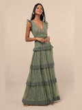 Green Tiered Ruffled A-Line Maxi Mesh Formal Dress for Ceremony Reception