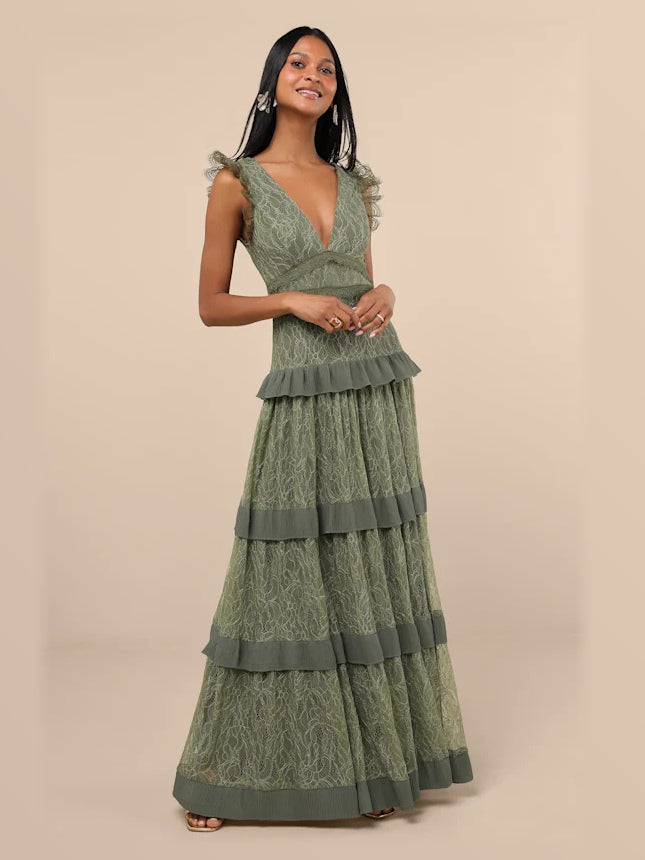 Green Tiered Ruffled A-Line Maxi Mesh Formal Dress for Ceremony Reception