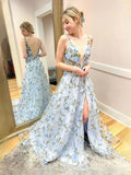 Sky Blue Draped Flower-Applique Floral Slit Backless V Neck A-Line Maxi Tulle Prom Dress for Hotel Gala