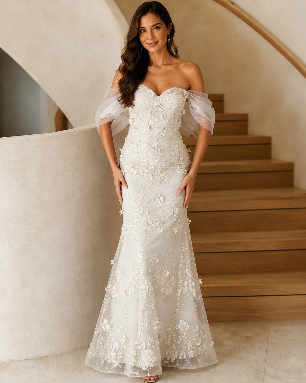 Off-Shoulder 3D Floral Lace Mermaid Prom Dress with Sweetheart Neckline
