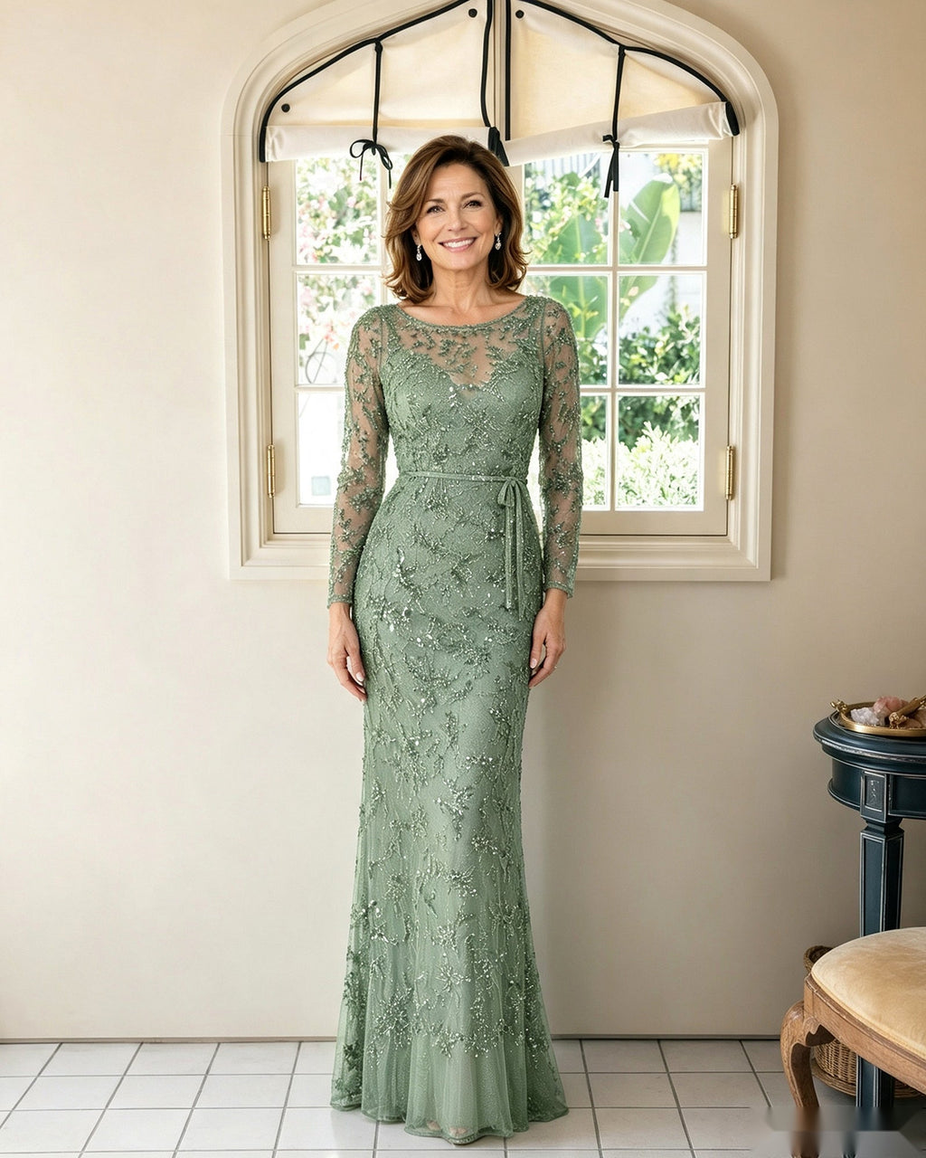 Illusion Lace Long Sleeve Sheath Mother of the Bride Dress