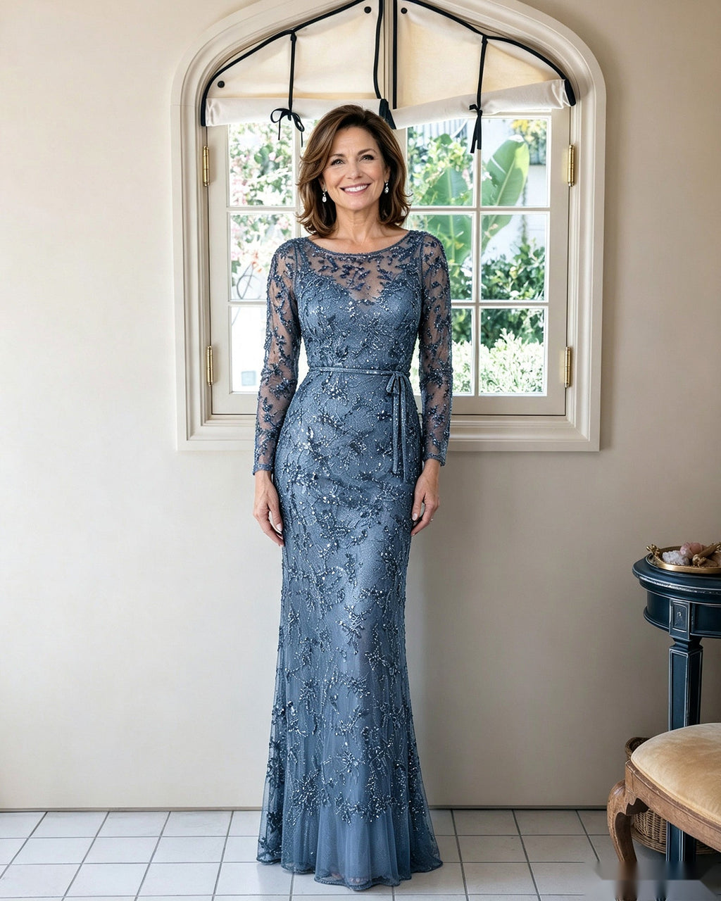Illusion Lace Long Sleeve Sheath Mother of the Bride Dress