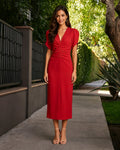 Flutter Sleeve Ruched V-Neck Satin Midi Formal Dress