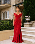 Off-Shoulder Draped High Slit Mother of the Bride Dress