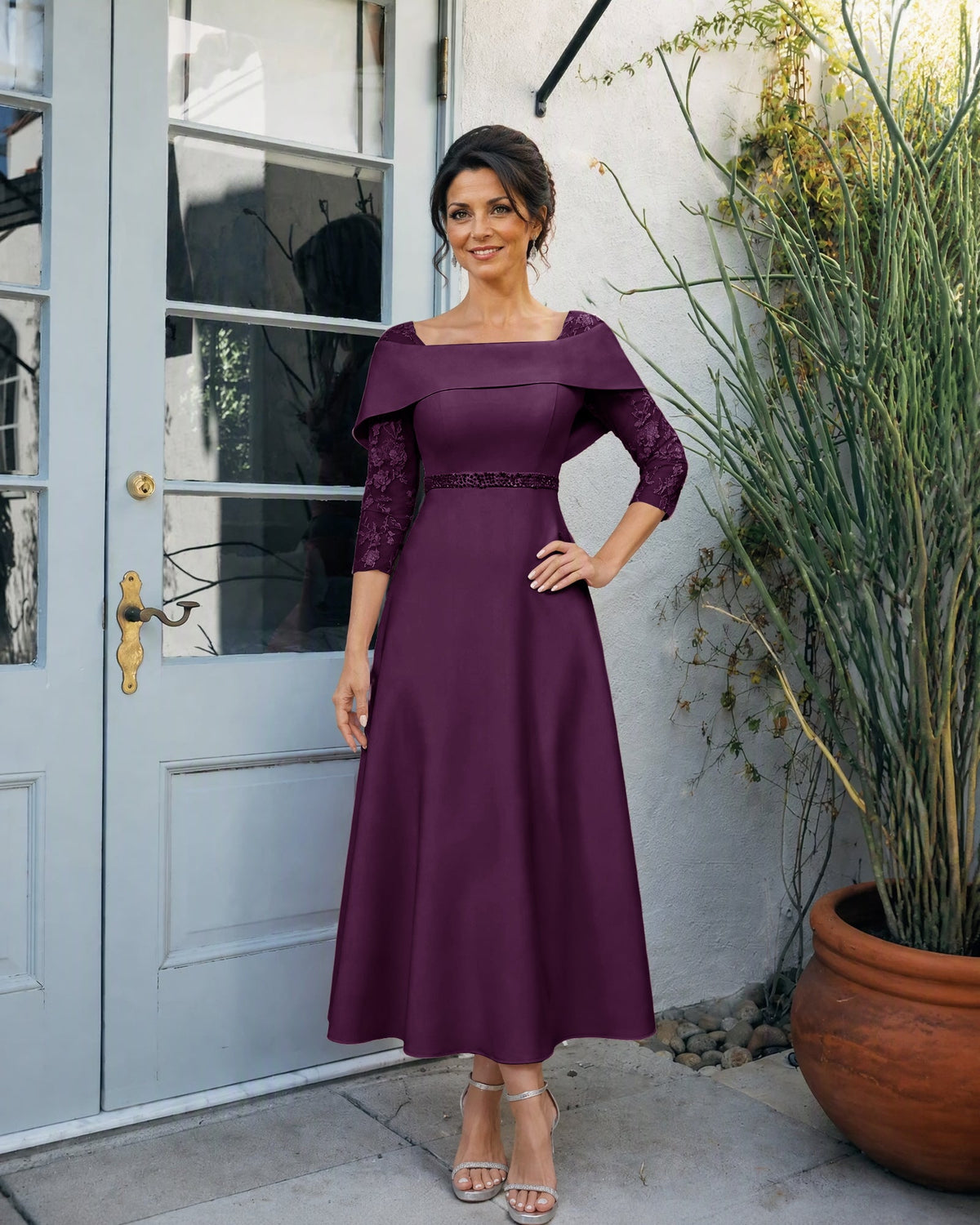 Off-Shoulder Tea-Length A-Line Mother of the Bride Dress with Lace Sleeves