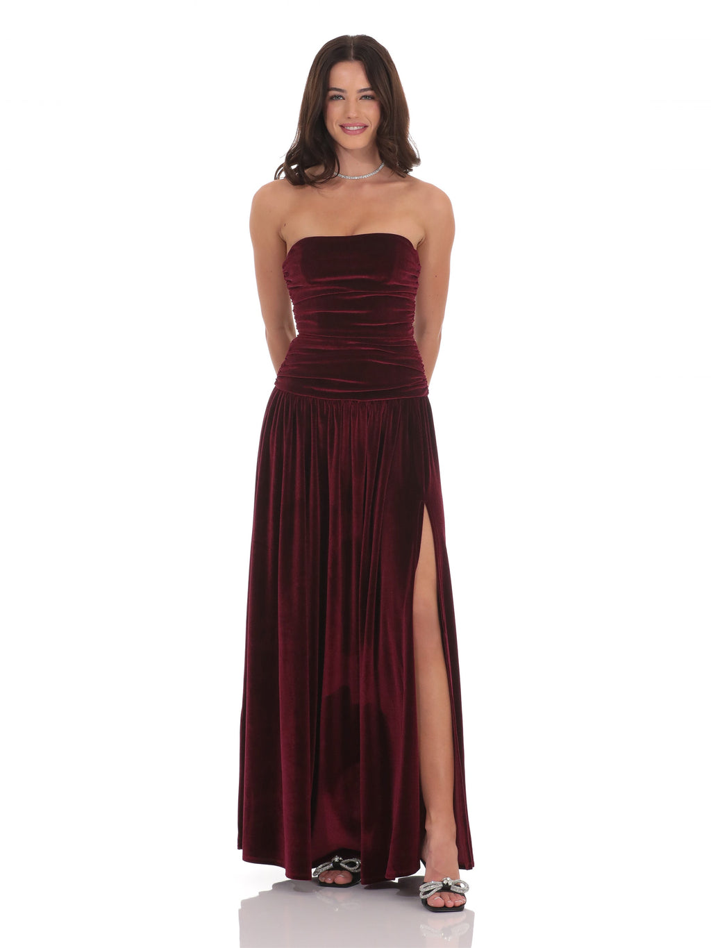 Ruched Drop-Waist Maxi Structured Woven Fabric Bridesmaid Dress for Estate Wedding