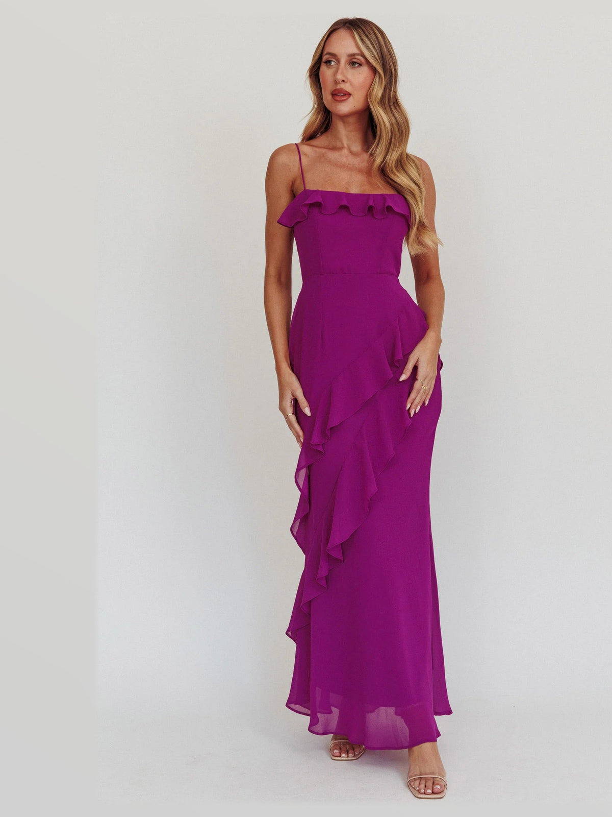 Plum Ruffled A-Line Maxi Structured Woven Fabric Formal Dress for Spring Formal